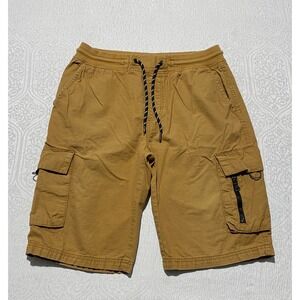 WT02 Mens Cargo Shorts Medium Brown Elastic Waist Drawstring Utility